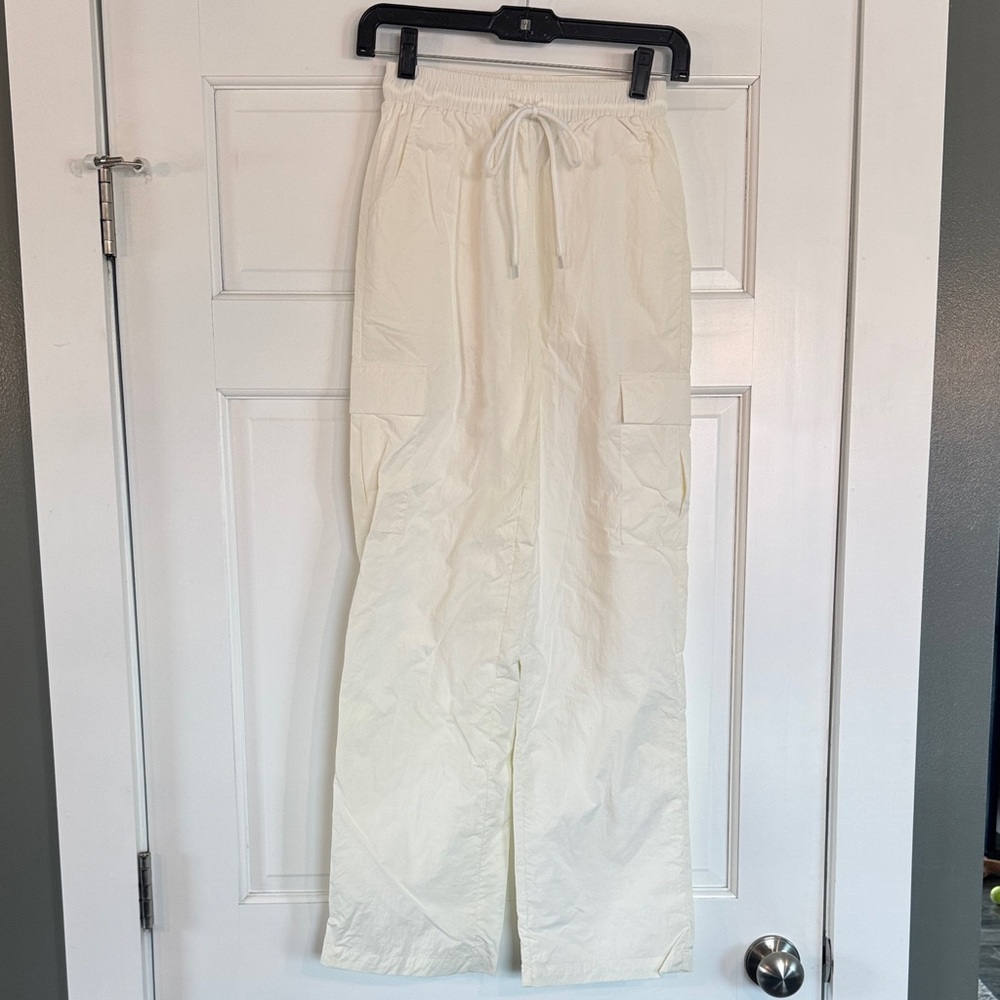 Cream Wide-Leg Nylon Pants